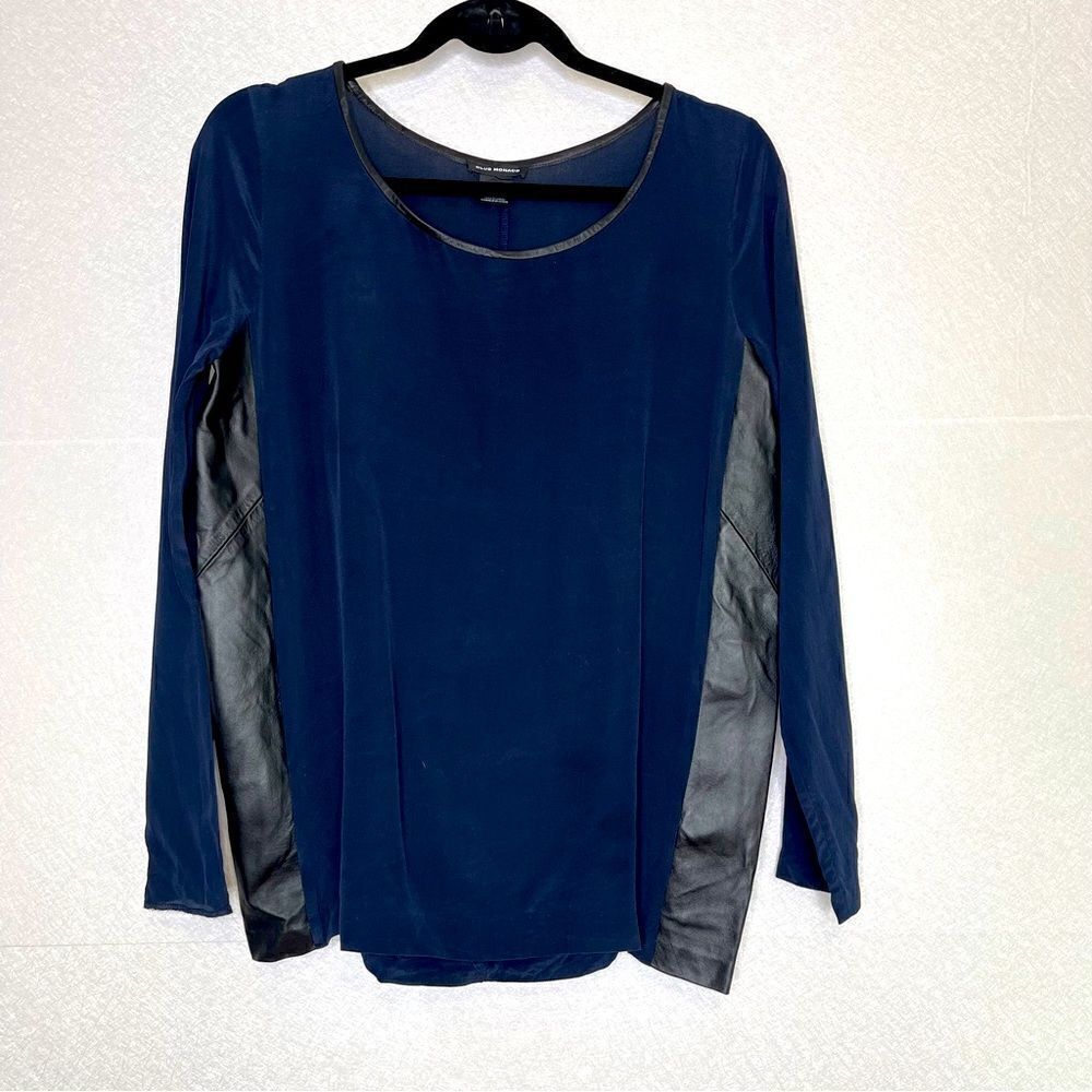 Club Monoco Silk Lamb Leather Navy Blue Black Blouse M